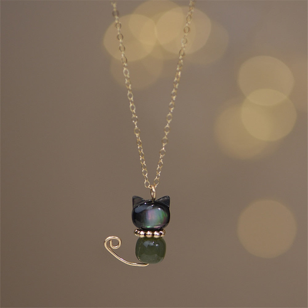 Jade Cat Necklace - Hetian Jade Green - Cat necklace