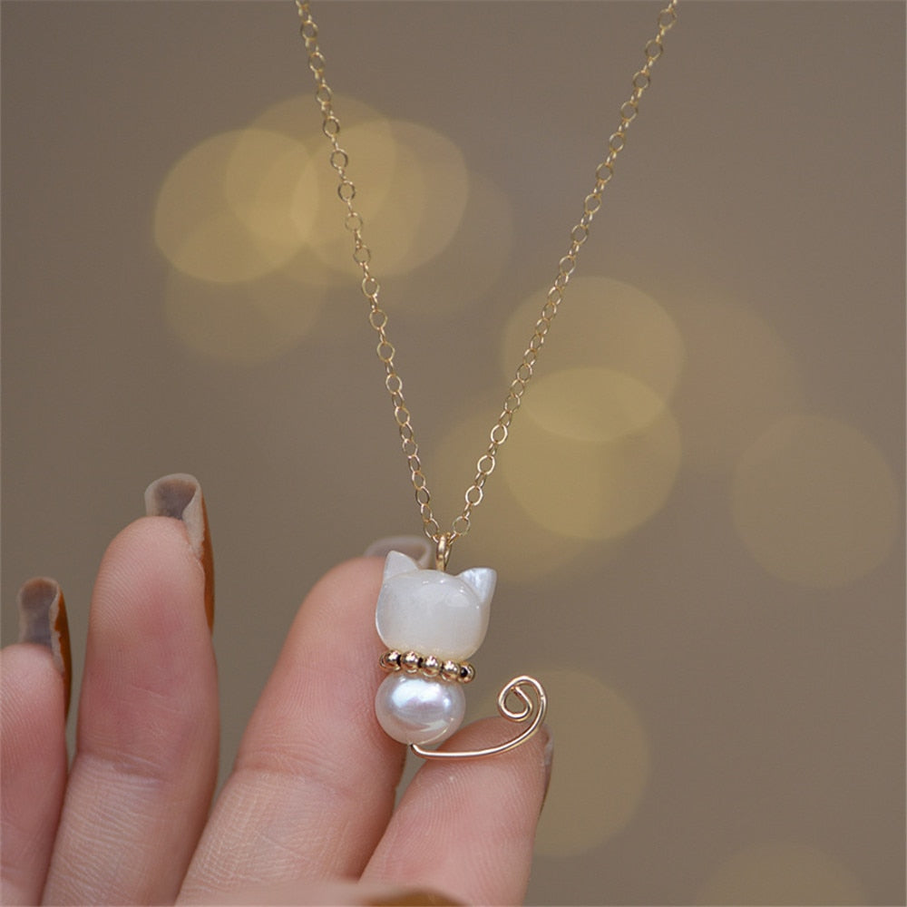 Jade Cat Necklace - Pearl Style - Cat necklace