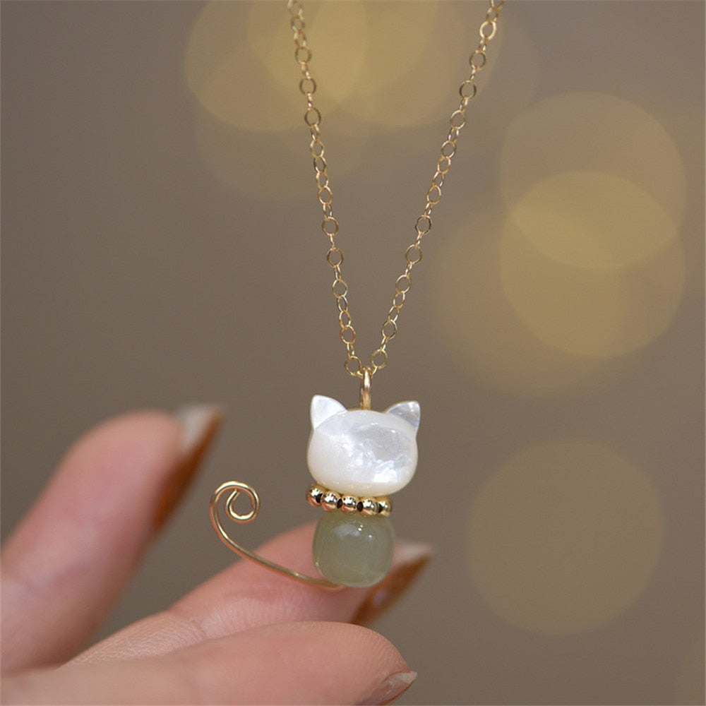 Jade Cat Necklace - Hetian Jade - Cat necklace
