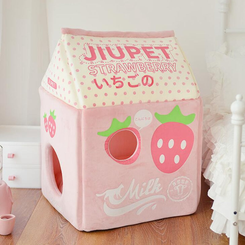 Kawaii Milk Cat Bed - Strawberry