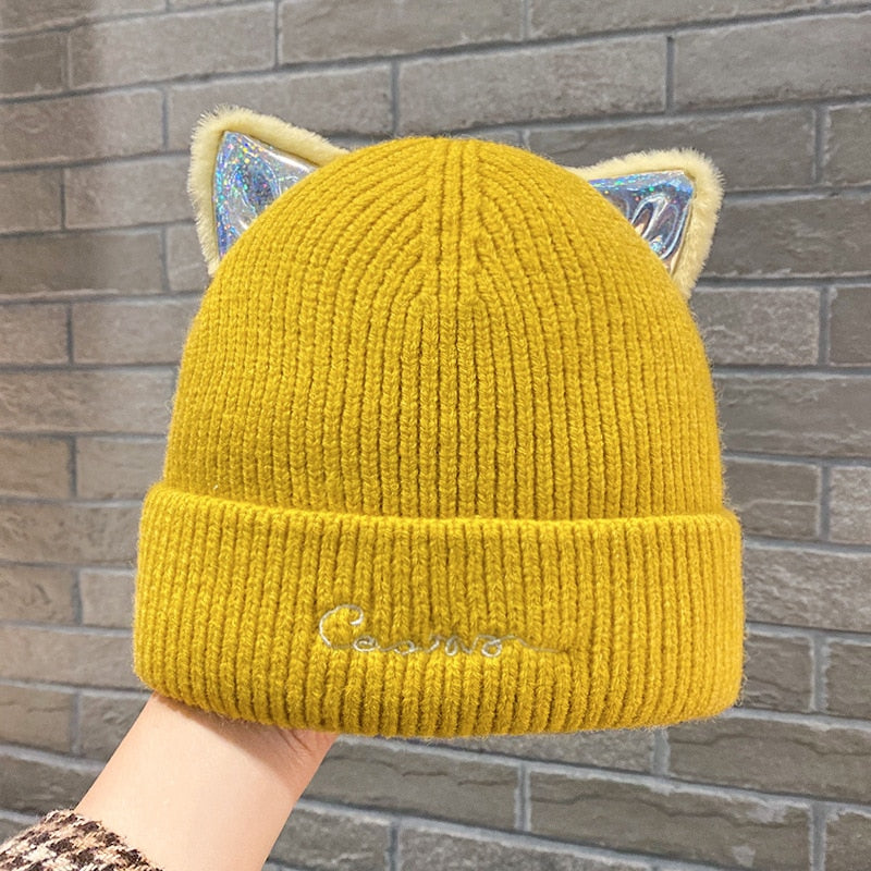 Knitted Cat Beanie - Yellow - Cat beanie