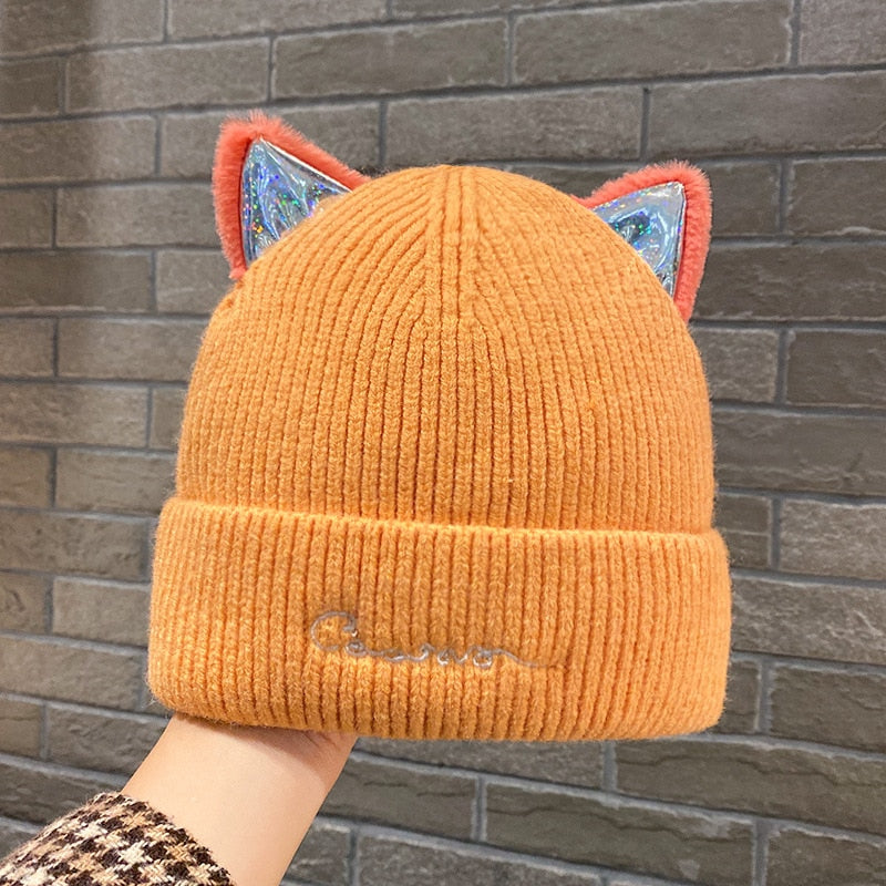 Knitted Cat Beanie - Orange - Cat beanie