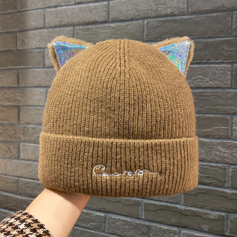 Knitted Cat Beanie - Brown - Cat beanie