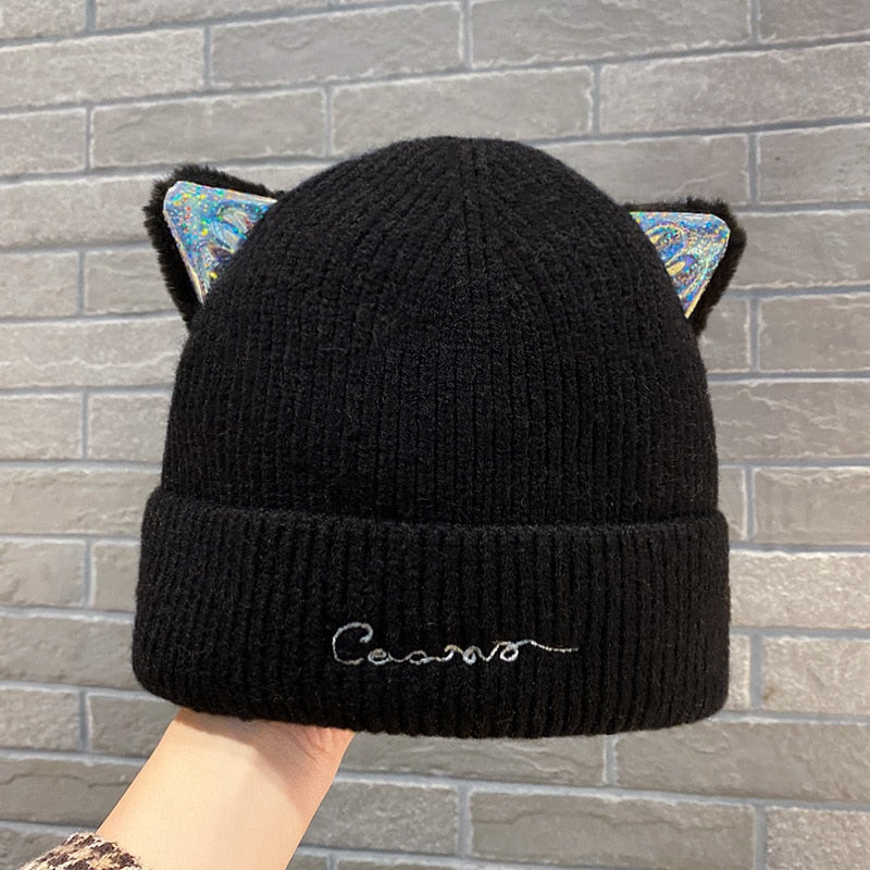 Knitted Cat Beanie - Black - Cat beanie