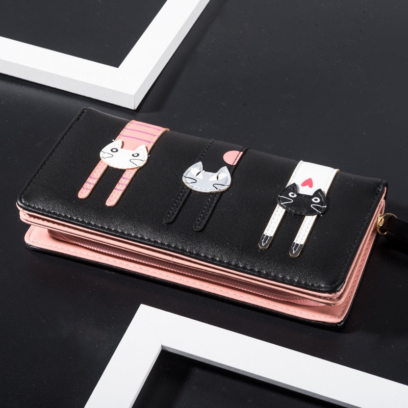 Long Leather Cat Purse - Black - Cat purse