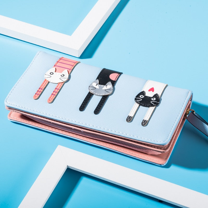 Long Leather Cat Purse - Sky blue - Cat purse