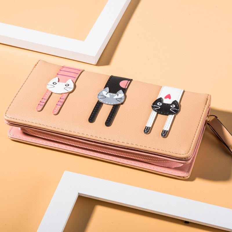 Long Leather Cat Purse - Khaki - Cat purse
