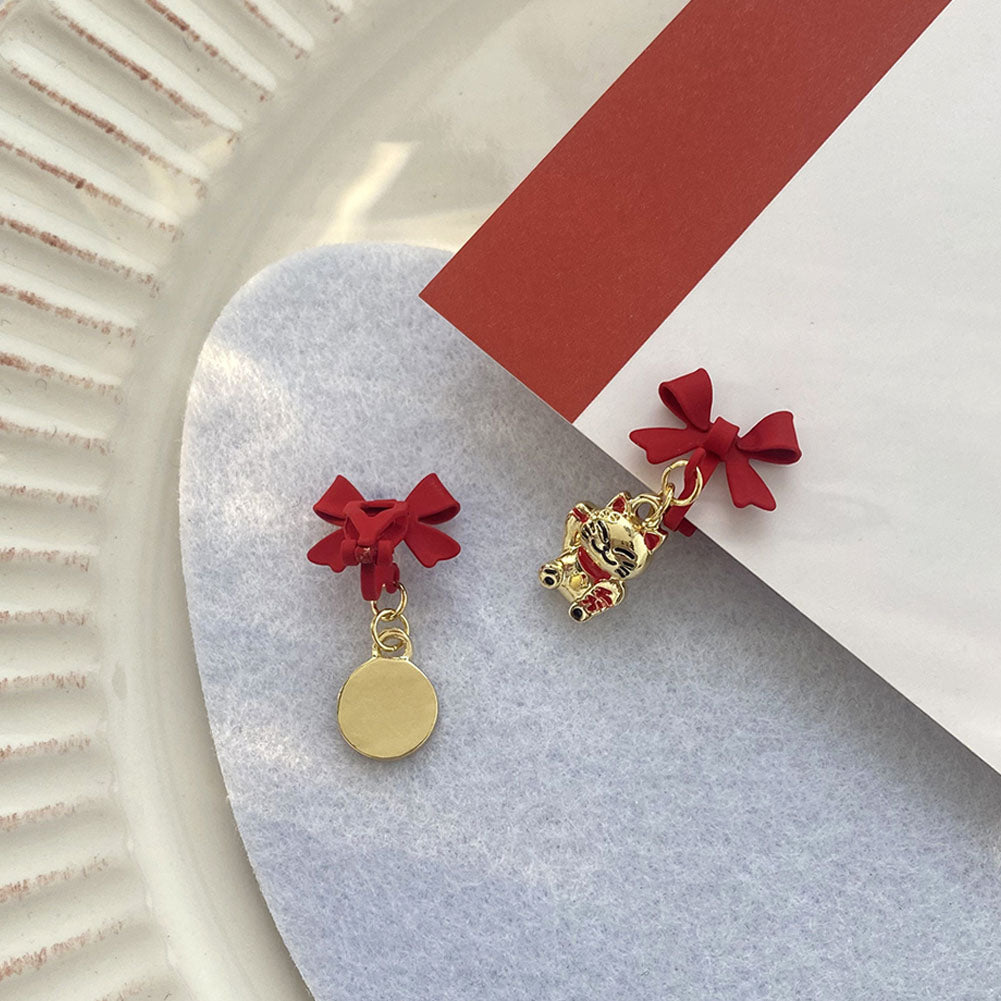 Lucky Cat Earrings - Red-Gold - Cat earrings