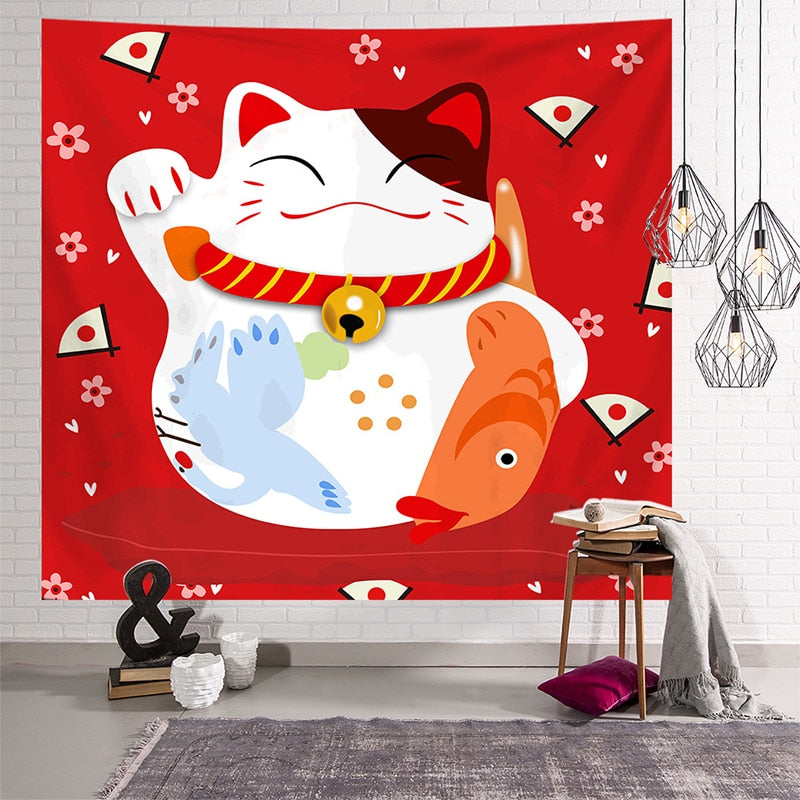 Lucky Cat Tapestry - Red / 150x100cm - Cat Tapestry