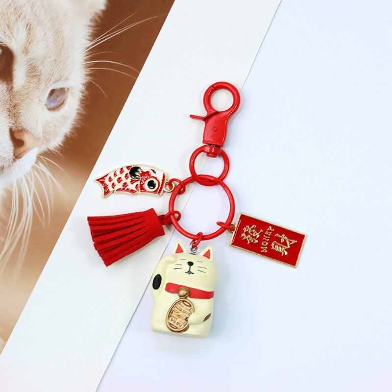 Maneki Neko Cat Keychain - Red - Cat Keychains
