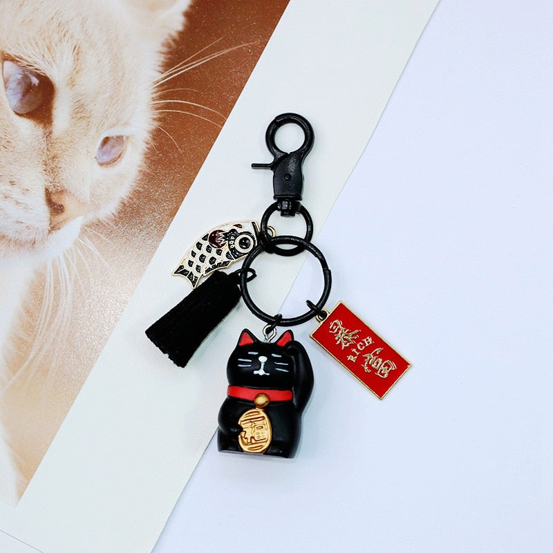 Maneki Neko Cat Keychain - Black - Cat Keychains