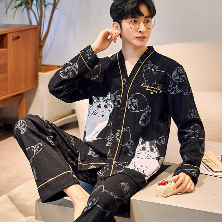 Mens Cat Pajamas - Black / M - Cat pajamas