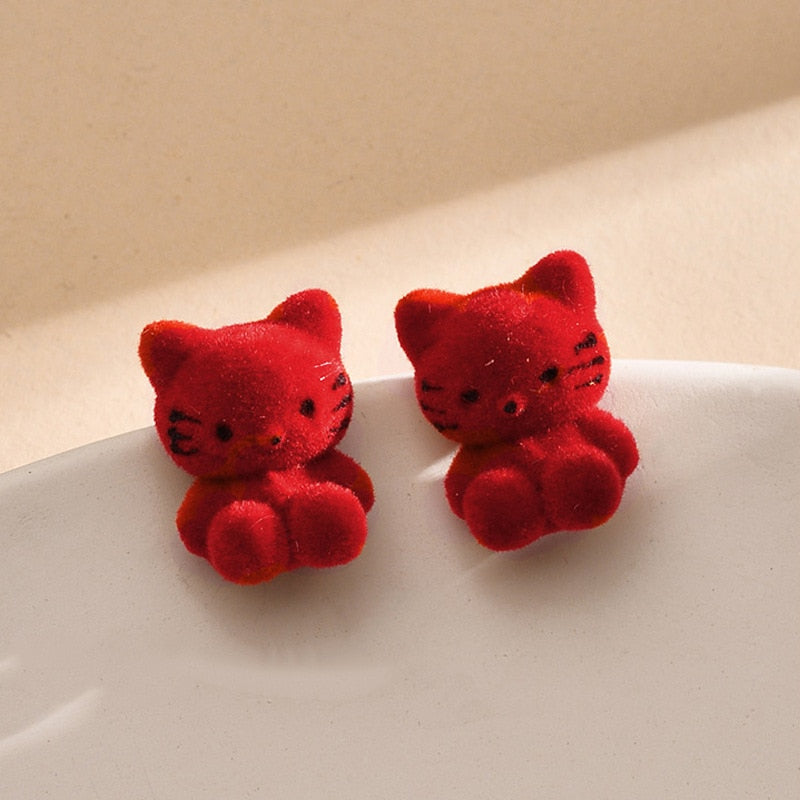 Plush Cat Earrings - Red - Cat earrings