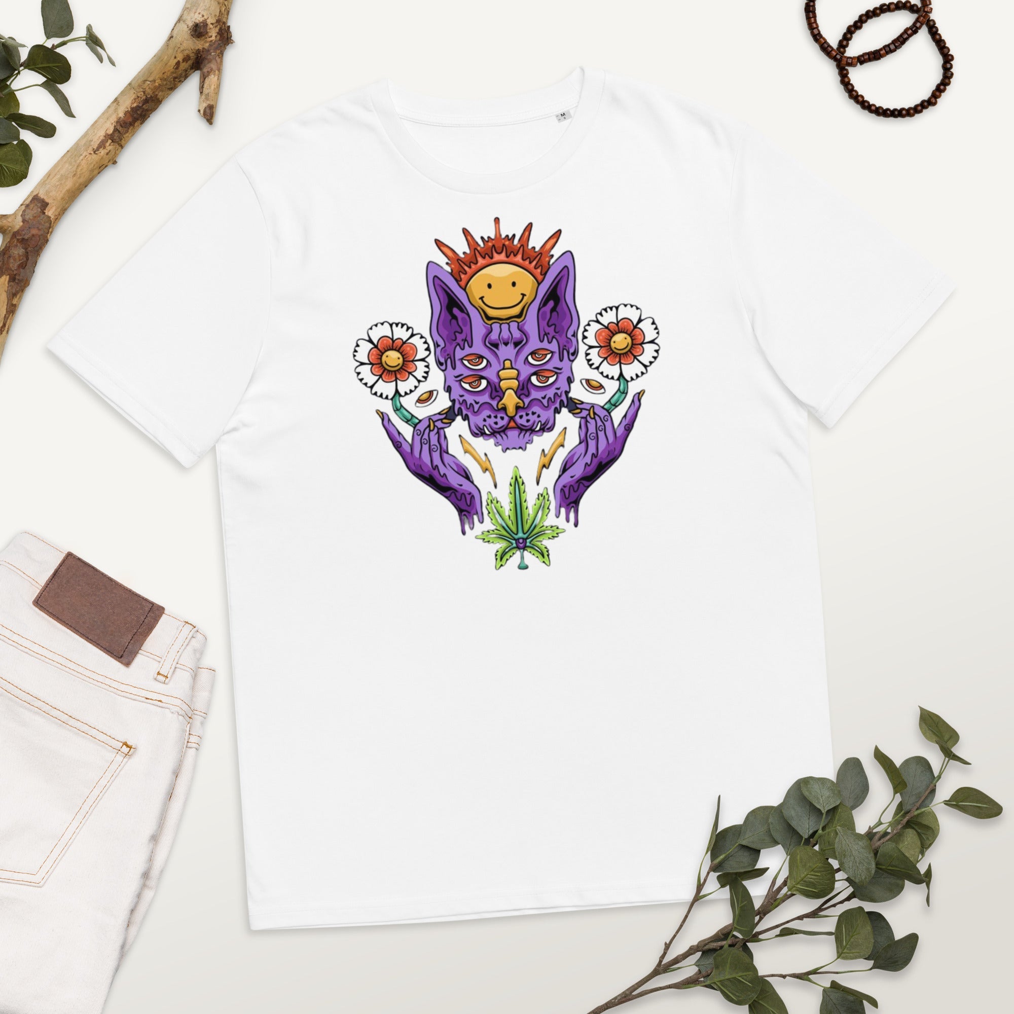 Psychedelic Cat shirt - White / S