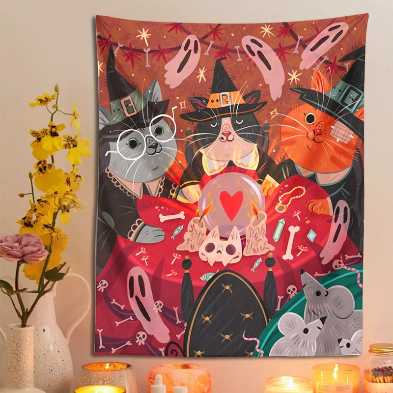 Red Halloween Cat Tapestry - Cat Tapestry