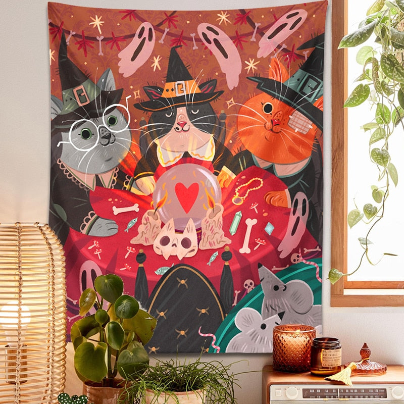 Red Halloween Cat Tapestry - Cat Tapestry