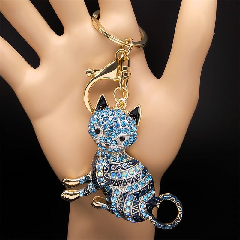 Rhinestone Egyptian Cat Keychain - Blue - Cat Keychains