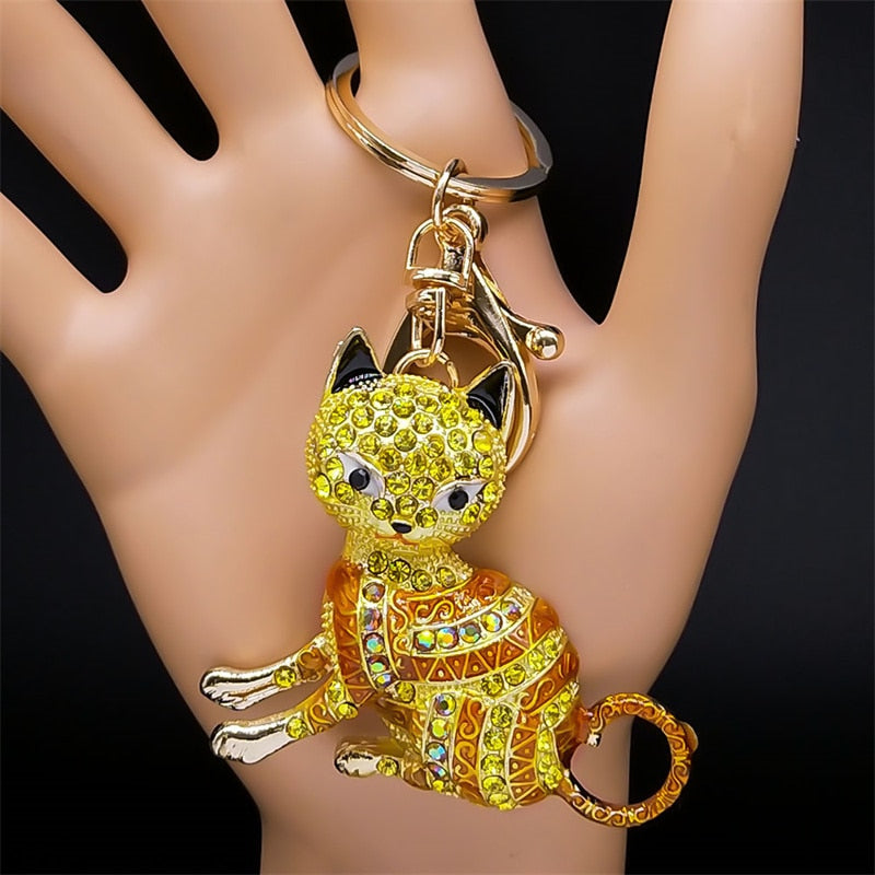 Rhinestone Egyptian Cat Keychain - Yellow - Cat Keychains