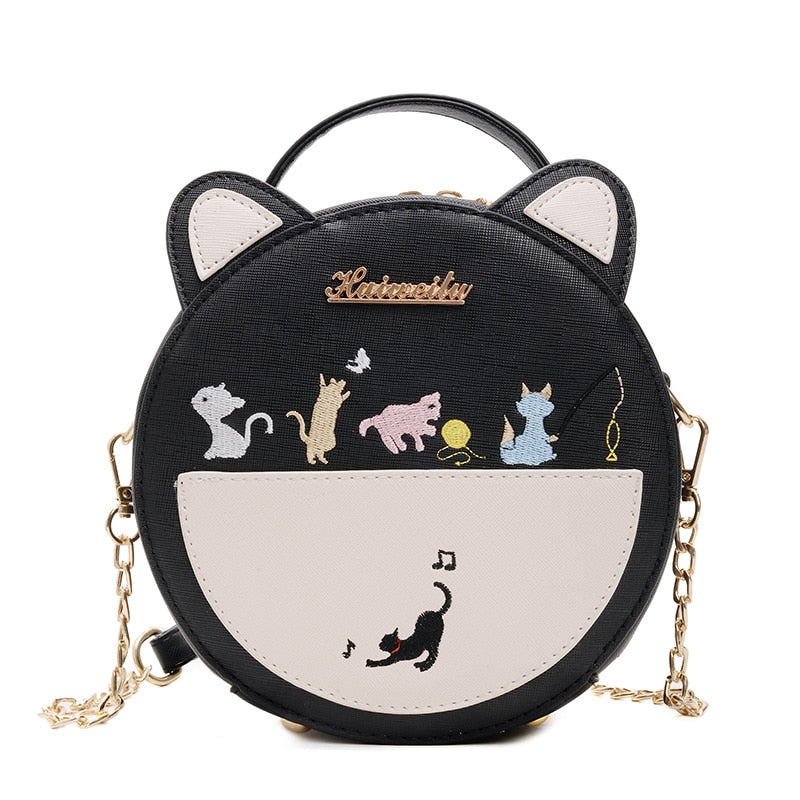 Round Cat Handbag - Black - Cat Handbag