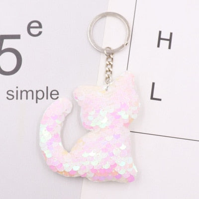 Sequin Cat Keychain - White - Cat Keychains