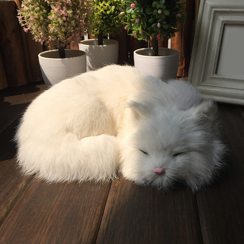 Sleeping Realistic Cat Plush - White