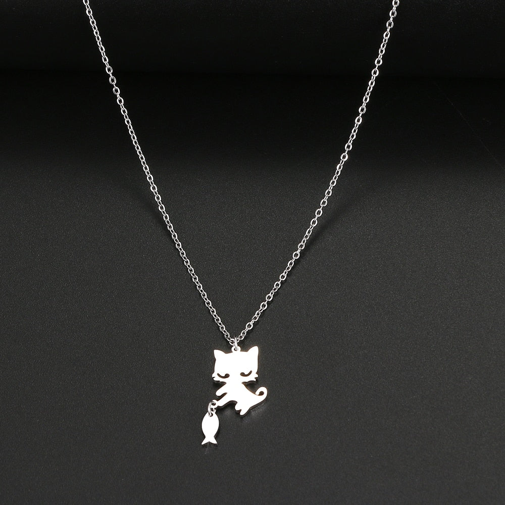 Small Cat Necklace - Silver - Cat necklace