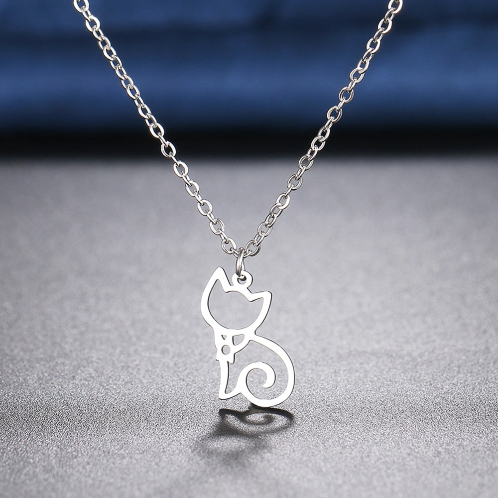 Stainless Steel Cat Necklace - Silver - Cat necklace