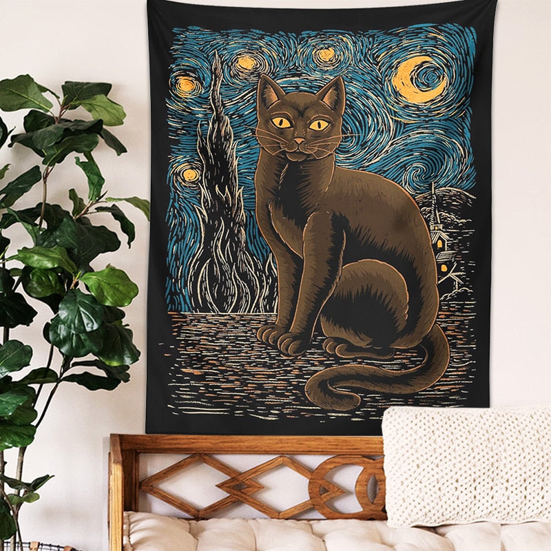Starry Night Cat Tapestry - Cat Tapestry