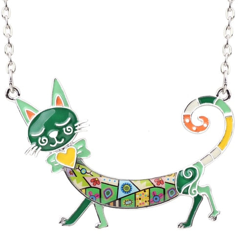 Steampunk Cat Necklace - Green - Cat necklace
