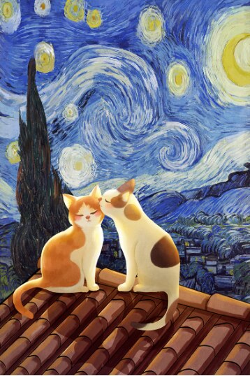 Van Gogh Cat Painting - 13x18cm No Frame /