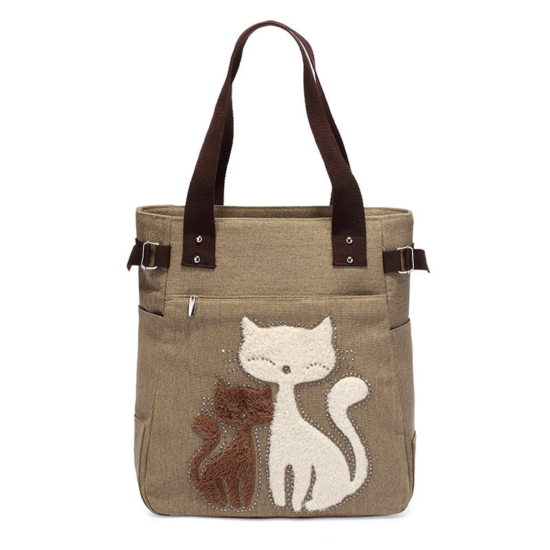 Vintage Cat Tote Bag - Khaki - Cat Handbag