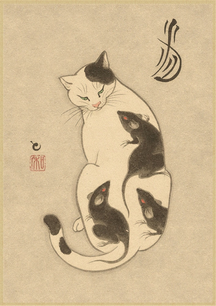 Vintage Japanese Cat Poster - Cat Rat / 30x21cm - Cat poster