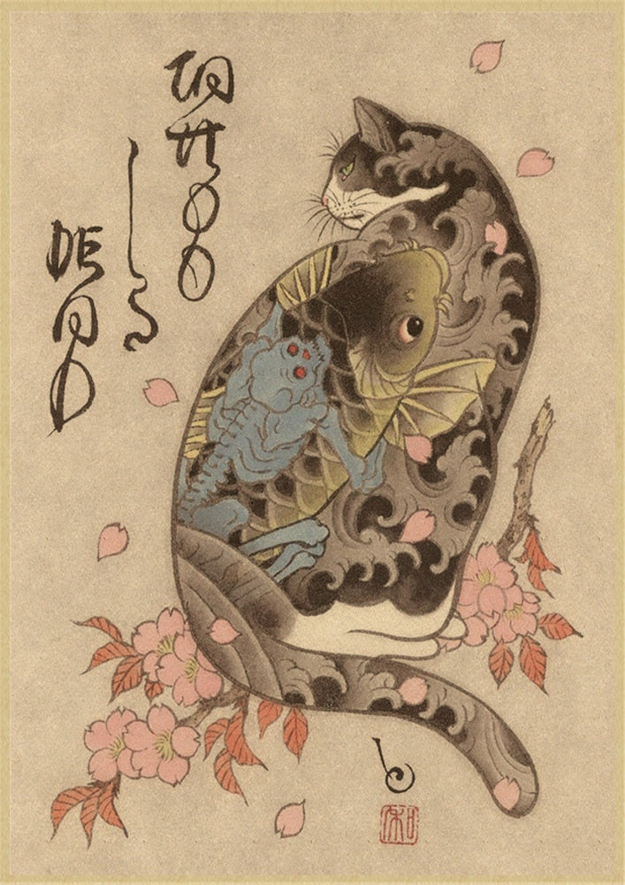 Vintage Japanese Cat Poster - Fish / 30x21cm - Cat poster