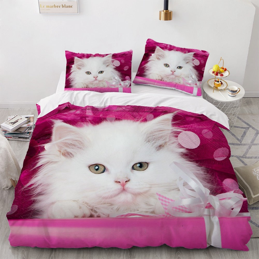 White Cat Duvet Cover - Pink / AU Single 140x210cm